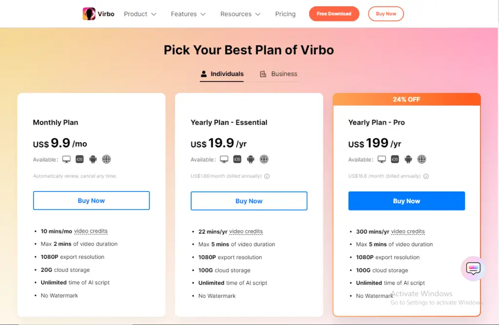 Wondershare Virbo pricing plans 